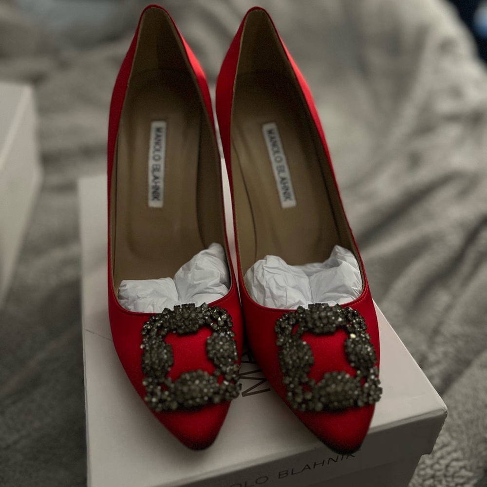 Manolo Blahnik Red Hangisi with Gun metal Embellishment Size 38